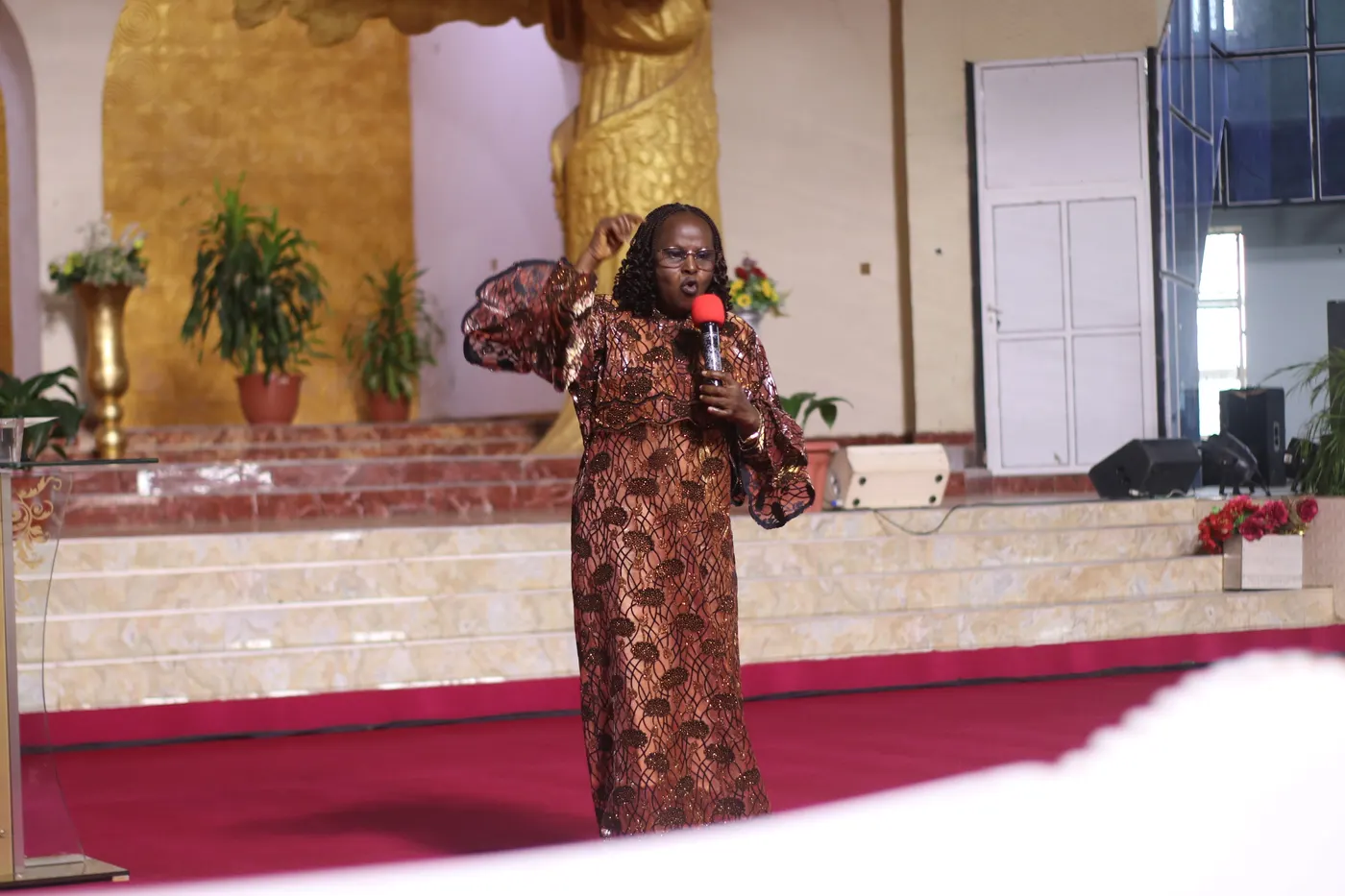 A woman addressing the assembly from the platform.